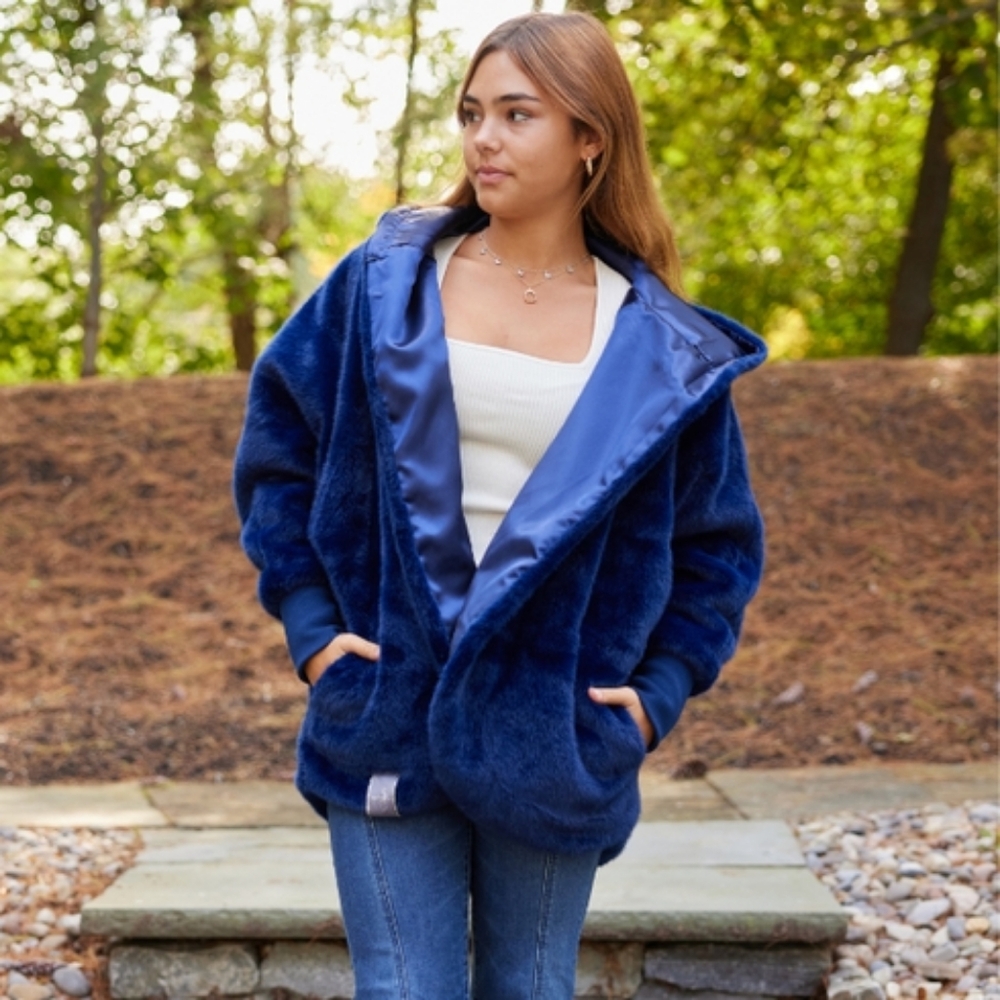 Faux Fur Blue Jacket/Cardigan With Hood